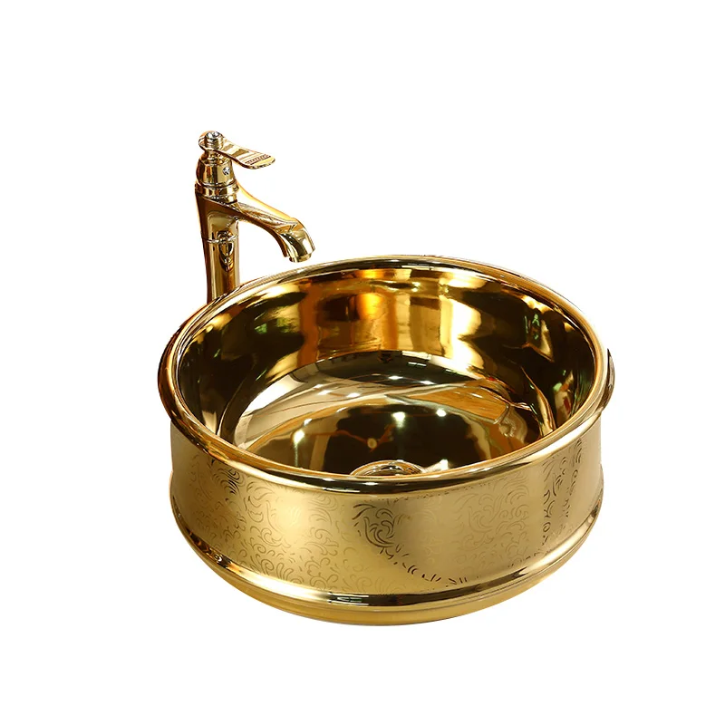 

Золотая настольная раковина в европейском стиле для мытья рук, керамическая настольная раковина для художественного использования, золотая раковина с круглым столом