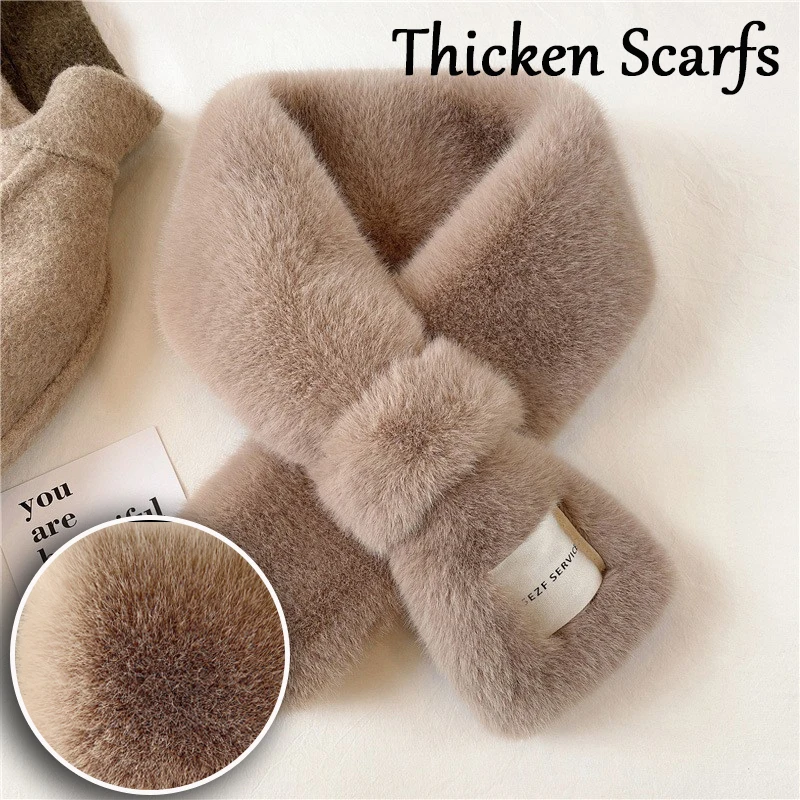 Women Winter Warm Thicken Scarfs Solid Color Faux Rabbit Fur Plush Cross Collar Scarf Shawl Elegant Warm Soft Comfortable Scarf