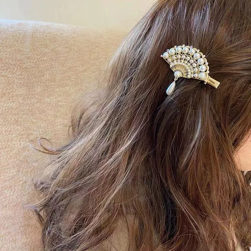 Imagen 5: Súper Hada, Clip para el pelo con forma de abanico, colgante de perla de diamantes de imitación, Clip lateral de pico de pato, accesorios para el cabello, Cheongsam Hanfu, accesorios para la cabeza