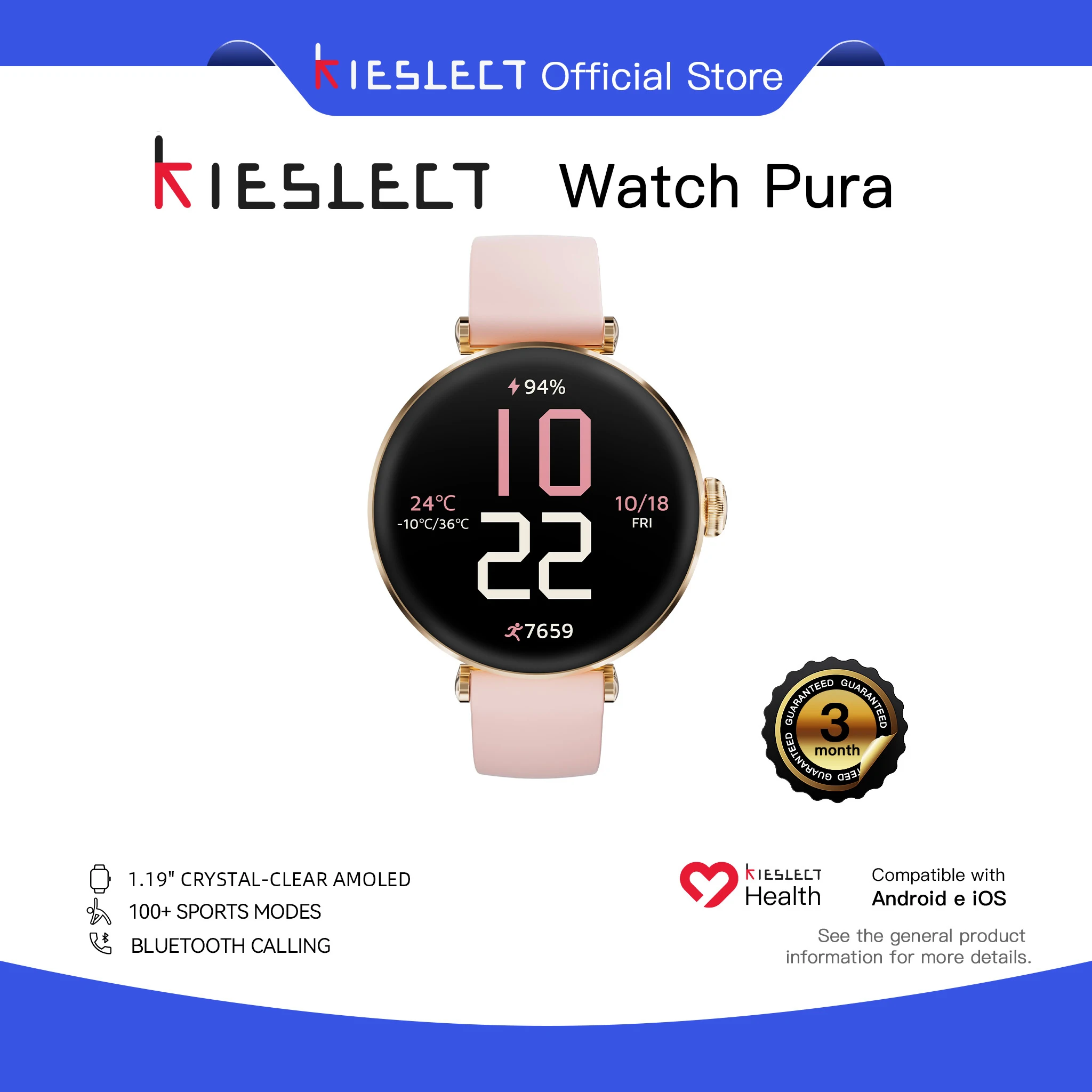 Kieslect Lady Calling AMOLED Smartwatch Pura - Touchscreen Fitness Tracker Watch with Heart Rate Monitor for Android iOS