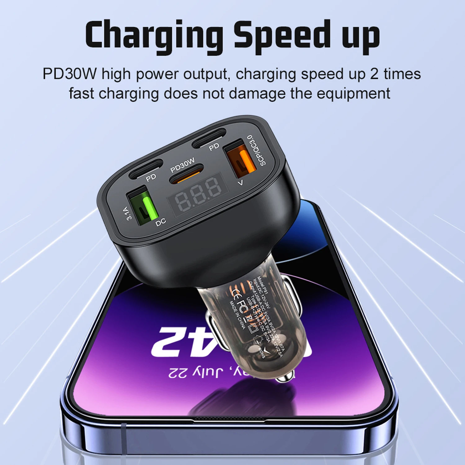 

300W 5 USB Car Charger Lighter Fast Charging With Digital Display Car Phone Charger Adapter For iphone Huawei Xiaomi Samsung