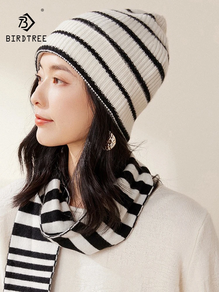 BirdTree, 100%Pure Cashmere Autumn Winter Knitted Hats Scarf, Women Ear Protection, Fashion Versatile Thicken Warm Cap A47906QC