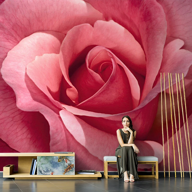 ورق حائط وردي أمريكي شبكي على شكل زهرة حمراء لغرفة المعيشة وخلفية تلفزيون جدارية ورق حائط على شكل زهرة كبيرة غير ملحومة