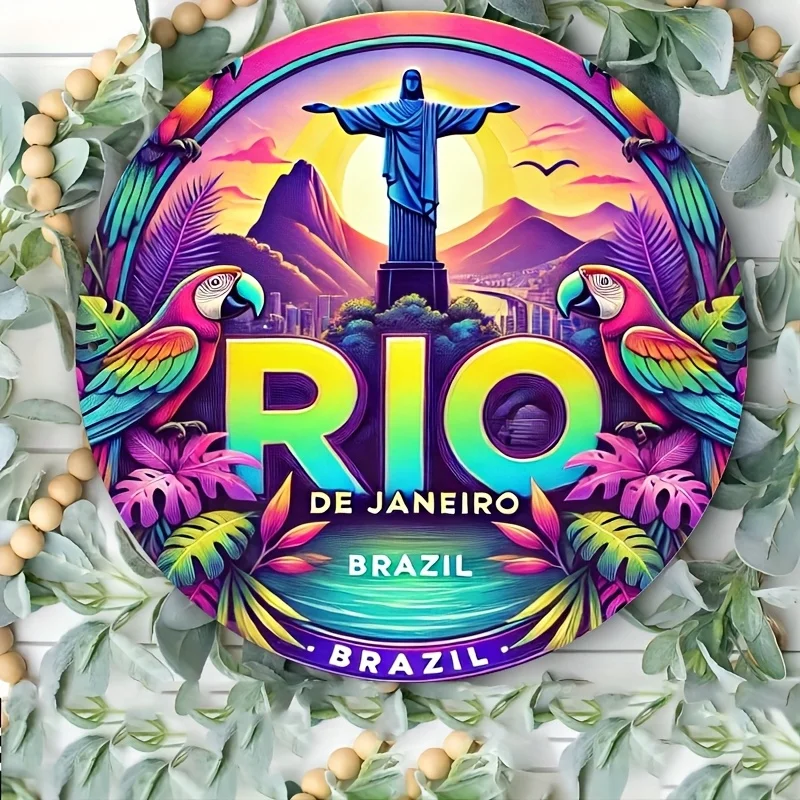 Rio De Janeiro_Brazil_Retro Metal Mural_Aluminum Decorative Sign, Vibrant Tropical Vibe and Parrot Design