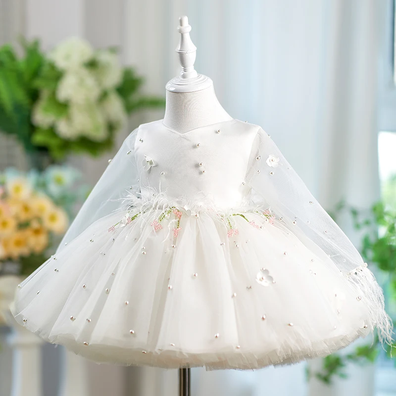 Jill Wish J553 robe de fille de fleur blanche élégante fleurs 3D à manches longues princesse enfants arabe mariage fête d'anniversaire robe de soirée