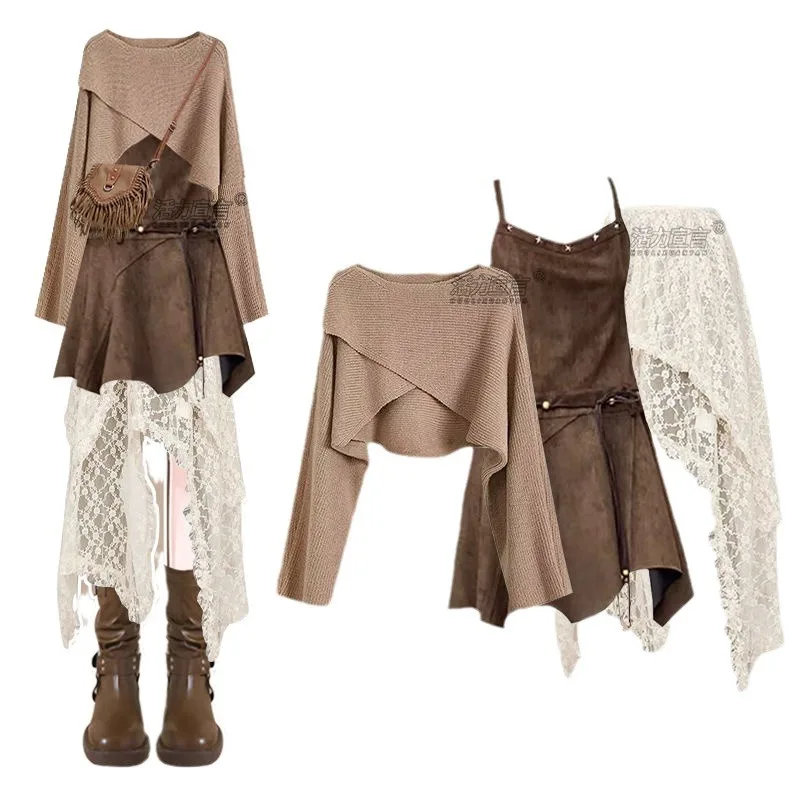 Autunno 2025 Nuova camicia lavorata a maglia con gonna con cinturino bohemien stile terreno esausto Mezza gonna in pizzo impilato Set da 3 pezzi Abbigliamento femminile