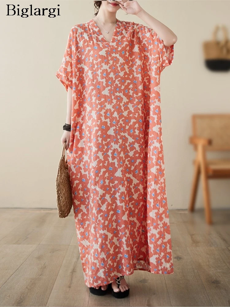 

Oversized Summer Flower Floral Print Long V-Neck Dress Women Fashion Loose Ruffle Pleated Ladies Dresses Casual Woman Dress