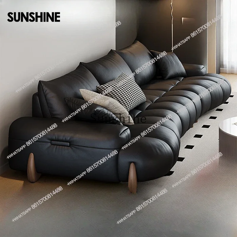 Modern simple retro leather sofa living room Italian style, straight row top layer cowhide leather sofaX