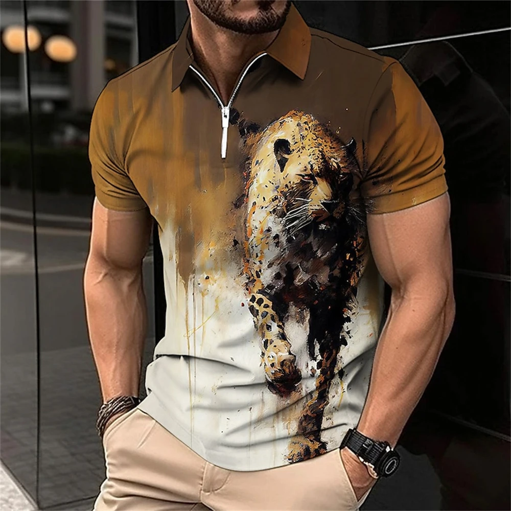 Buntes Tier polos hirt für Männer Sommer golf Kurzarm Top wilde Tier druck Reiß verschluss Polo T-Shirt Street Trend Männer Kleidung