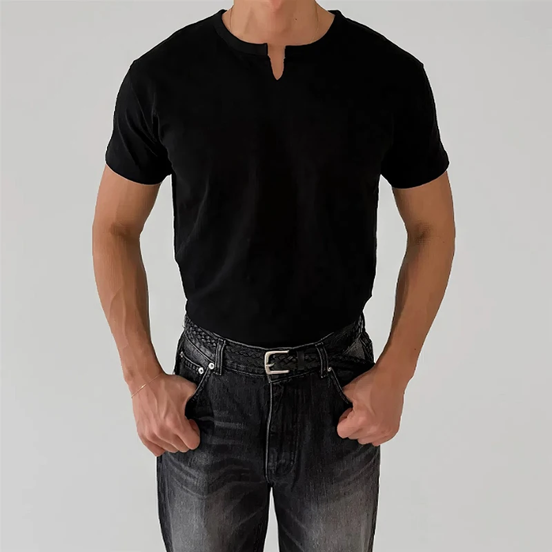 Men Plus Size 150kg Slim Fit Short Sleeve T‑Shirt Summer Textured Fabric Notch V Neck Casual Trendy Cool Guy Style Solid New Top