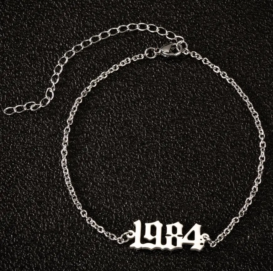 Stainless Steel Birth Year Initial Ankle Bracelet Old English Anklets for Women Men 1980 1990 1995 Year Number Anklet Leg Chain