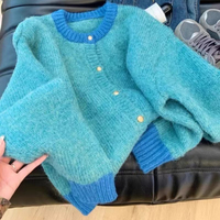 ITOOLIN Single-breasted Cardigan Long Sleeve Patchwork Knitted Sweater O-Neck Casual Warm Coat Office Outerwear Autumn Winter