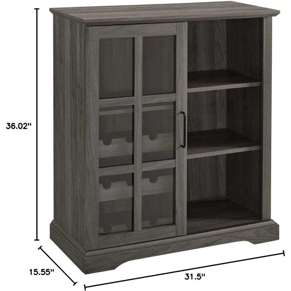 Walker Edison Wood Sliding Glass Door Bar Cabinet Entryway Serving Wine Storage Doors Dining Room Console, 36 Inch, Slate Grey