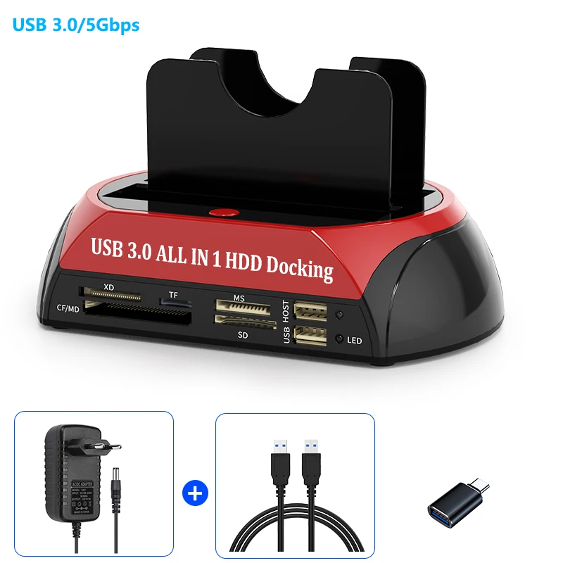 USB 3.0 HDD SSD Docking Station 2.5 3.5 Inch SATA IDE Dual Slots with Card Reader External Hard Disk Enclosure case hd externo