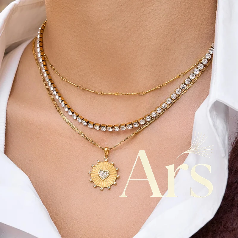 Ars 18k Gold Plated Inlaid Zircon Heart Pendant Necklace Stainless Steel Chain Necklace for Women Non Tarnish Stacking Necklaces
