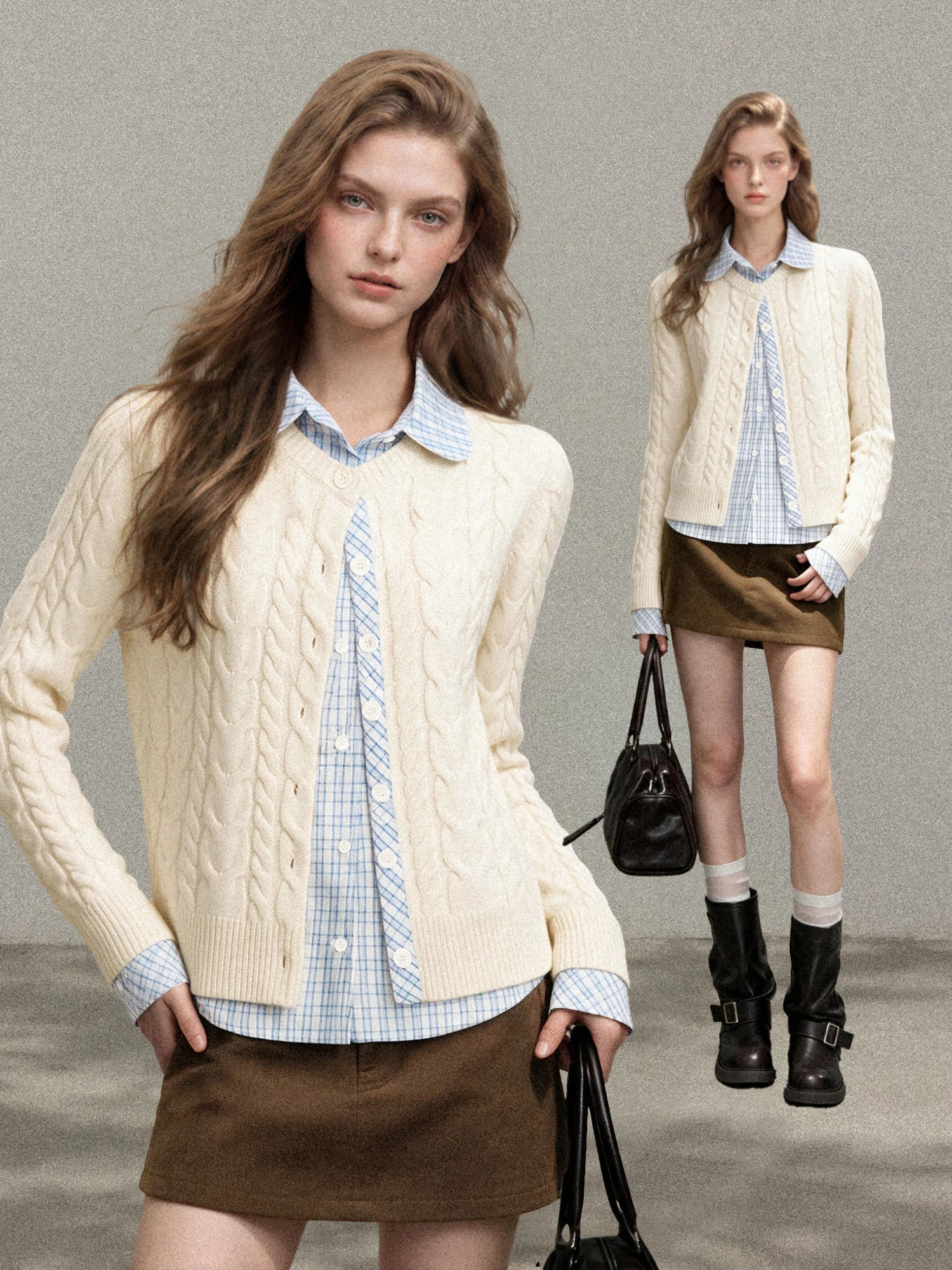 White Short Knitted  Neck Sweater Coat Women's Slim Fit Autumn Winter Plaid Splicing Top Comfortable Medium Softness