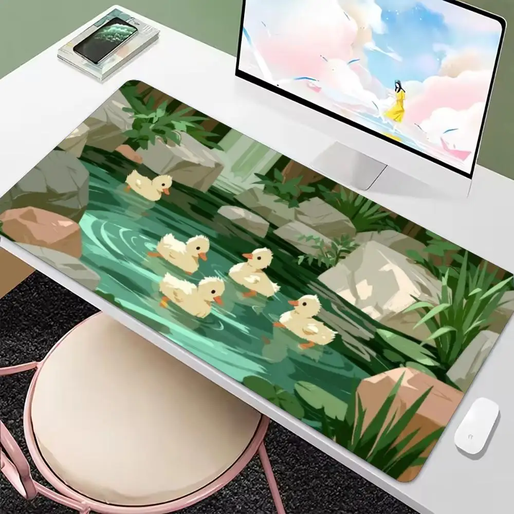 Cute Green Pond Ducklings Large Mouse Pad, Kawaii Cartoon Extended Desk Mat, Non Slip Rubber Base Stitched Edge for Women