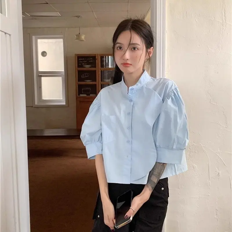 French Stand Collar Loose Sweet Solid Color Single Breasted Shirt 2024 Design Summer Tender Grace Comfortable Puff Sleeve Tops