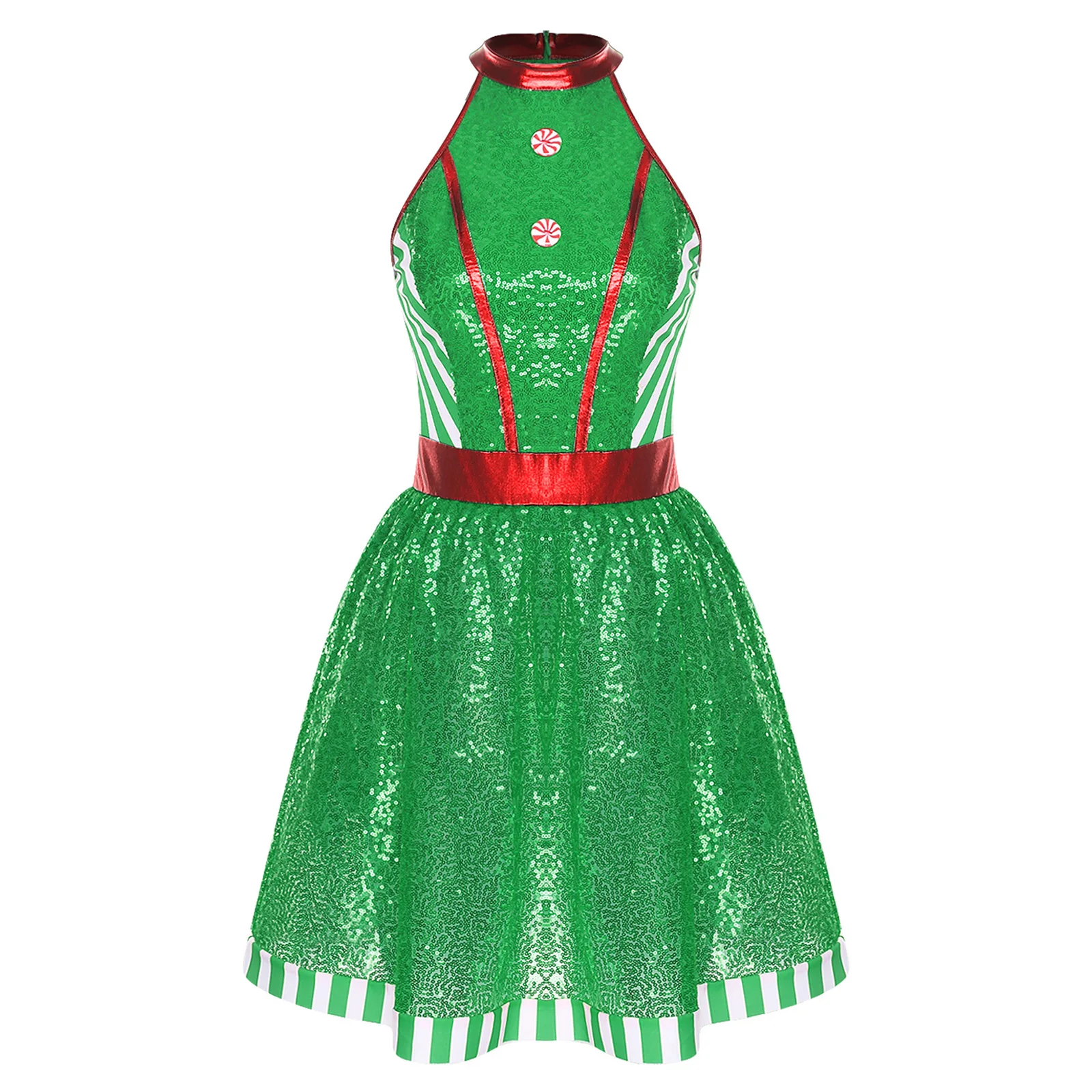 

Women Christmas Party Costume Figure Skating Dress Tutu Ballet Dancewear Sequins Halter Sleeveless Zip Color Block Tulle Dress