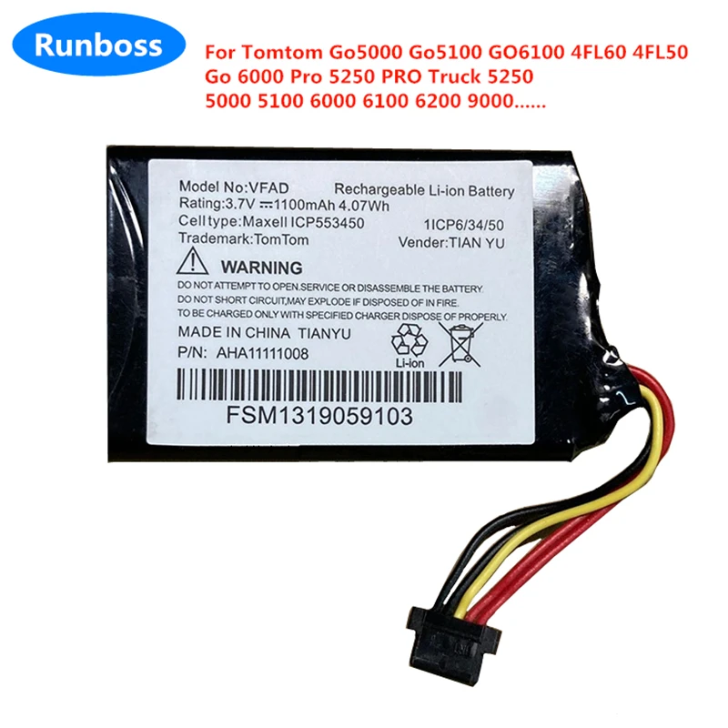 AHA11111008 VFAD 1100mAh Battery for Tomtom Go5000 Go5100 GO6100 4FL60 4FL50 Go 5000 6000 Pro 5250 PRO 6100 6200 9000 Truck 5250