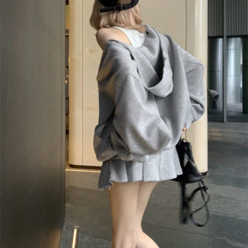 Casual Mit Kapuze Pullover Top Frauen Y2K V-ausschnitt Hoodies Solide Harajuku Langarm Hoodie Übergroßen Tops Weibliche Lose Kleidung – Detail 4
