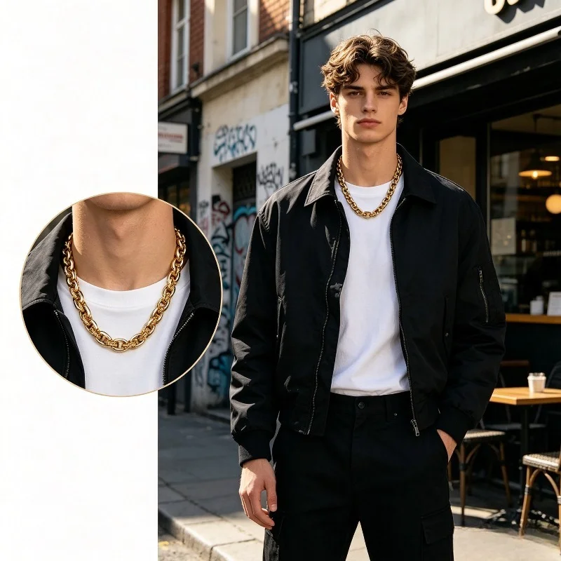 CHHC Men Hip Hop Thick Chain Necklace Vintage Textured Link Chain Trendy Statement Copper Alloy Neck Jewelry
