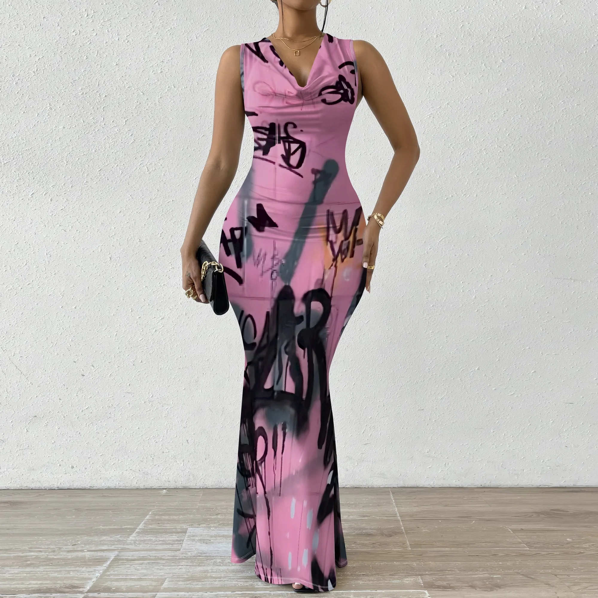 

Pink Graffiti Print Maxi Dress XS-2XL Sleeveless V-Neck Bodycon Style for Streetwear, Art Gallery or Nightclub Look