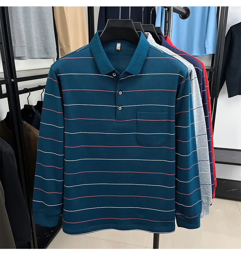 Hochwertiges gestreiftes Langarm-Poloshirt für Herren, neues Komfort-Taschendesign, Frühling/Herbst, luxuriöses Business-Casual-T-Shirt. – Detail 18