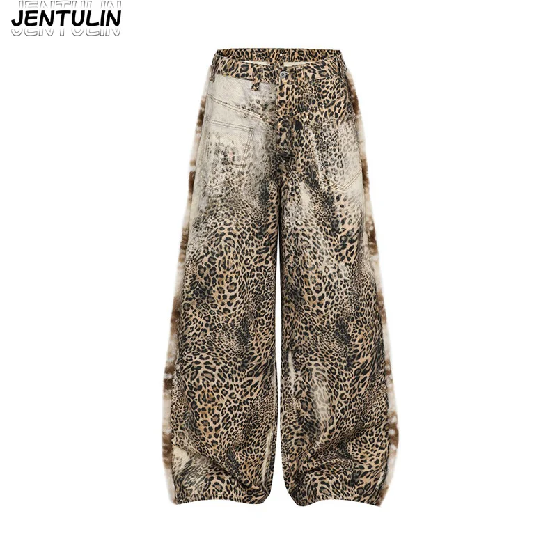 Aesthetic High Street Vintage Coffee Color Tiger Leopard Pattern Jeans Men's Heavyweight Curved Knife Wide Leg Pant Men Clothing