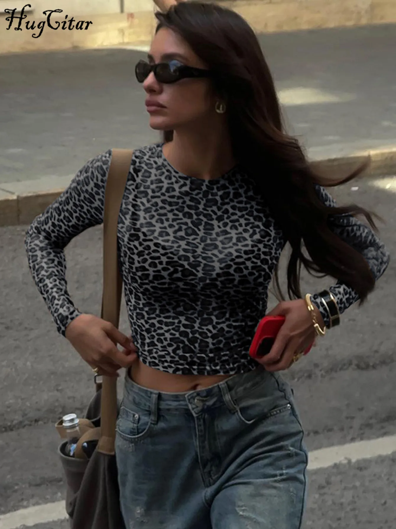 

Hugcitar 2024 Mesh Leopard Print Long Sleeve Sexy See Through Slim Crop T-Shirt Top Summer Fashion Clothes Party Beach Festival