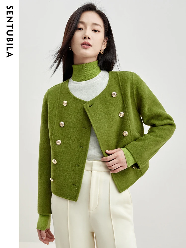 SENTUBILA 100% Wool Cropped Coat Women 2024 Autumn Winter New Woolen Jacket Double Breasted Wool Blend Coats Female W34O50799