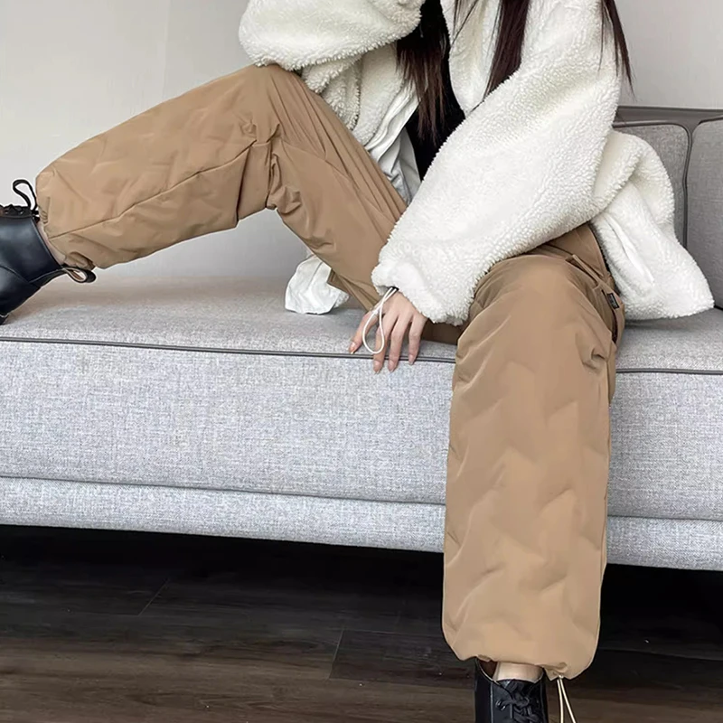 Women Thicken Warm Down Cotton Trousers Winter Outerwear Work Cargo Pants Snow Wear Bloomer Windproof Quilted Harem Pants