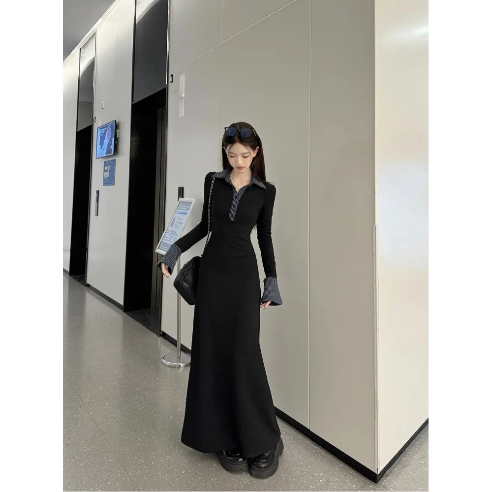 ドレス 長袖 レディースドレス アップリケ 冬 ベルベット レイヤード パネル付き 長袖 Hライン ミニマリストスタイル サーマル アーティスティック