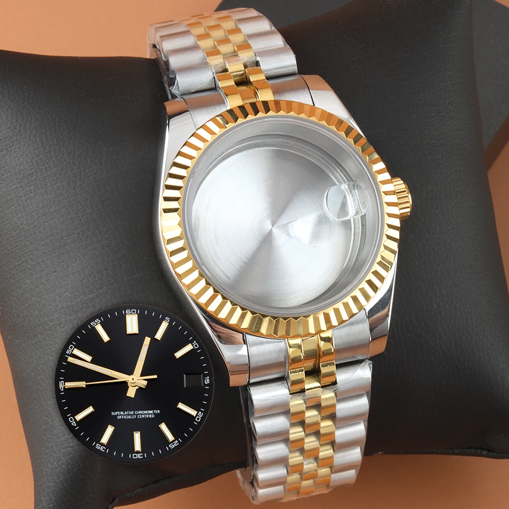 

Gold NH35 39mm 36mm Watch Case with 28.5mm Gold Dial Hands Blue Luminous 316L Steel Fit NH35 NH36 Movement Jubilee Watchbands