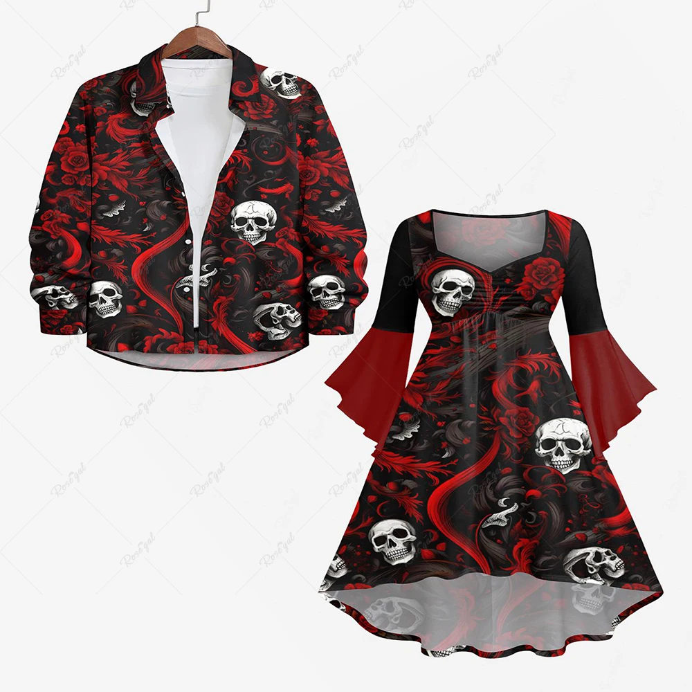 Plus Size Halloween Costume Skulls Rose Flower Printed Ruched Flare Sleeve High Low Dress And Printed Buttons Long Sleeve Shirt