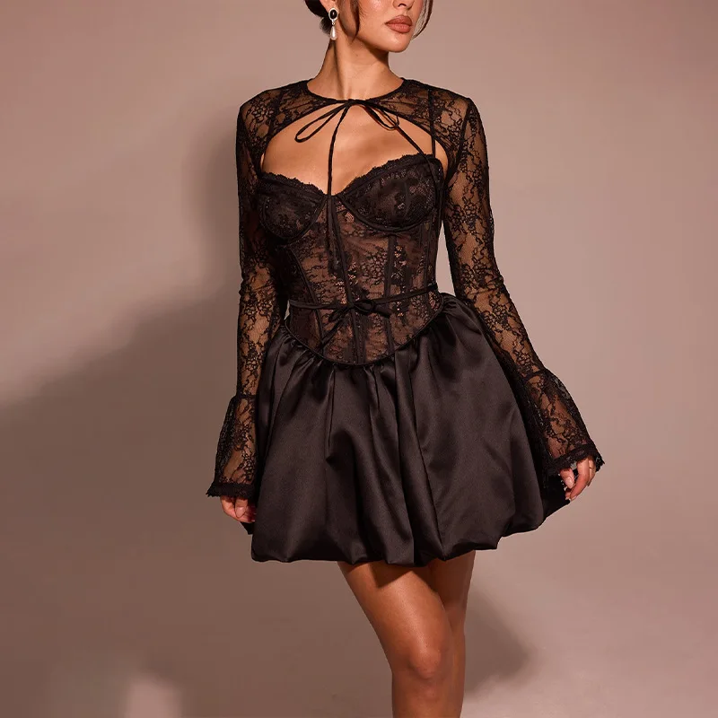 Townlike Lace Patchwork Pleated A-line Dress Women Strapless Mini 2024 Autumn Winter Dress Sexy Party Dresses With Shawl