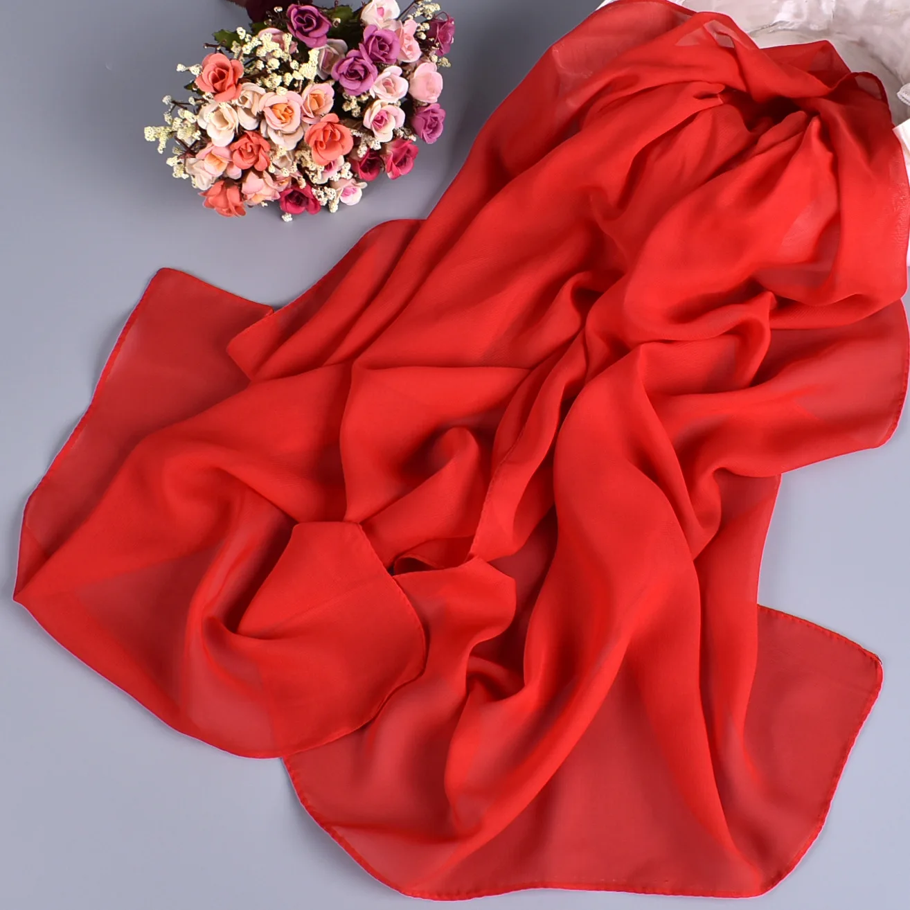 New Fashion Temperament Pure Monochrome Women\'s Long Chiffon Scarves Wholesale Yiwu Plain Pure Color Small Scarves