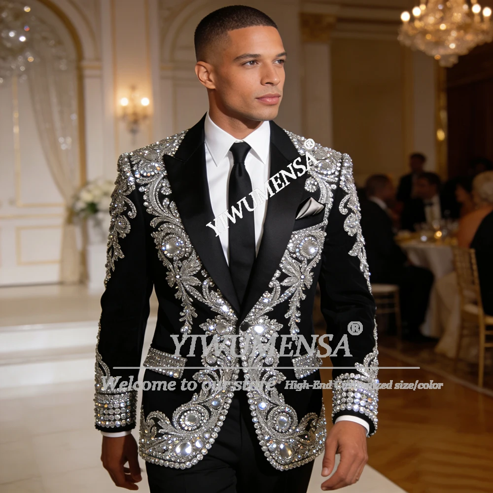 キラキラビーズストーンメンズスーツウェディング用シングルブレストジャケットパンツ2ピース新郎タキシードカスタマイズされたロパオムブレ