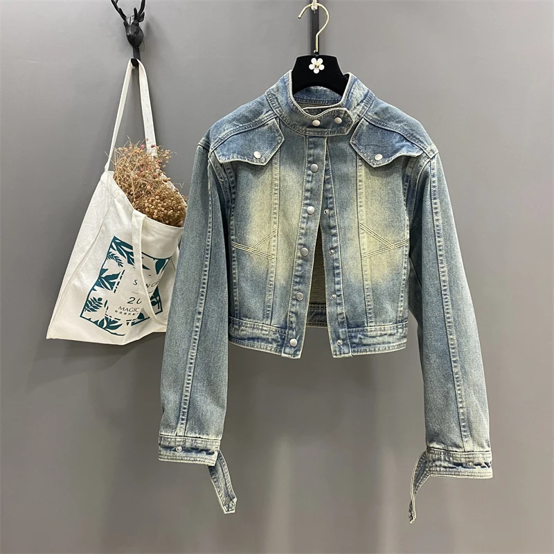 

Retro Stand Collar Denim Jacket 2024 Spring Washed Long Sleeved Short Jacket Autumn Casual Biker Outwear Jacket Streetwear
