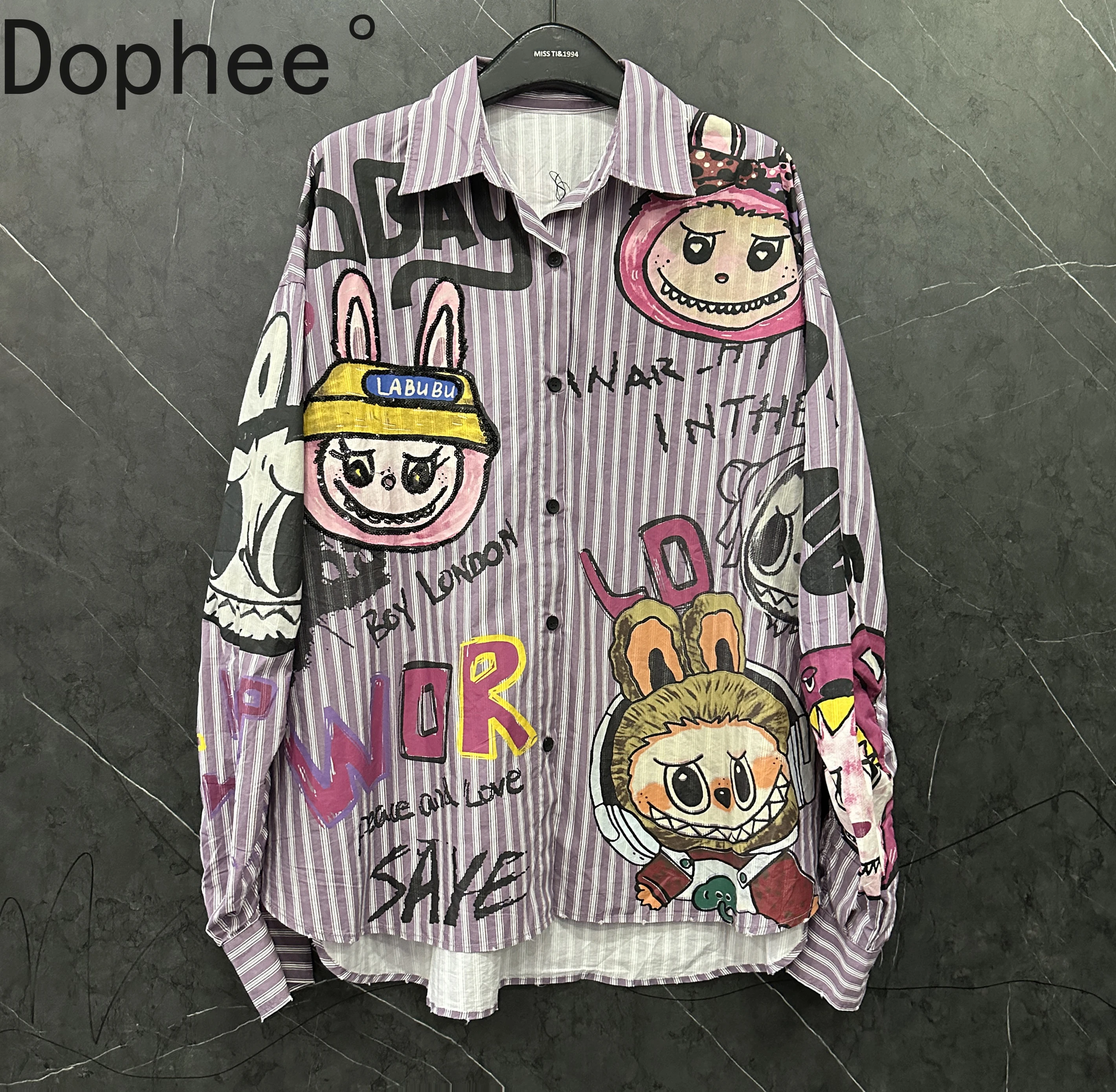 

Trendy Sequins Cartoon Print Stripes Female Blouses 2025 New Autumn Loose Cardigans Top Mid-long Long Sleeve Casual Women Shirts