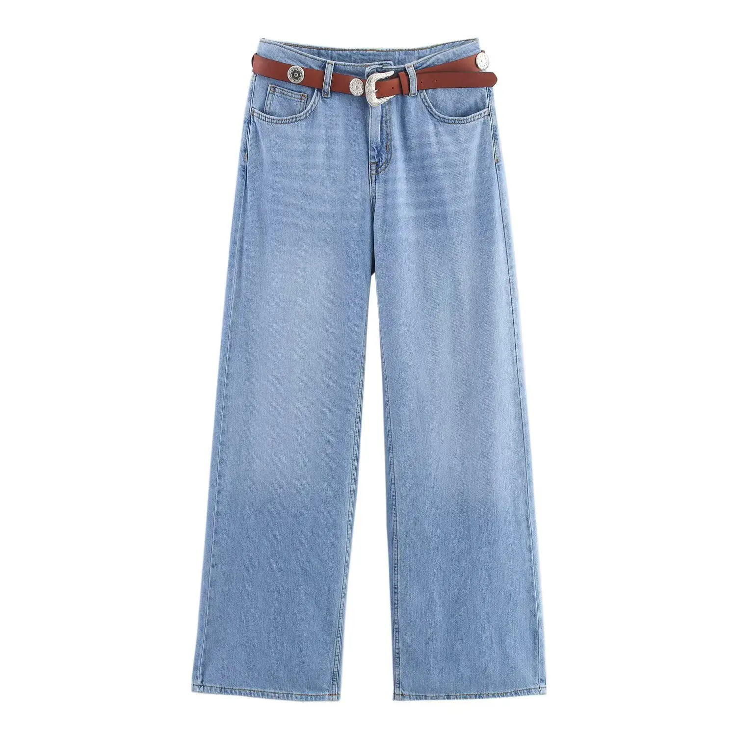 Setelan Jaket Denim Wanita dengan Sabuk dan Celana Jeans Berlapis Gaya Eropa dan Amerika untuk Musim Gugur.