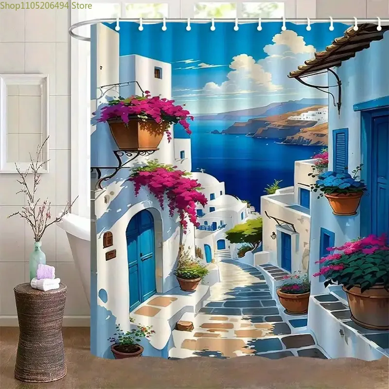 

2D Flat, 2D Flat, One Piece of 2D Flat-Printed Shower Curtain Featuring a Mediterranean City Alley Design - Made from High-Qua