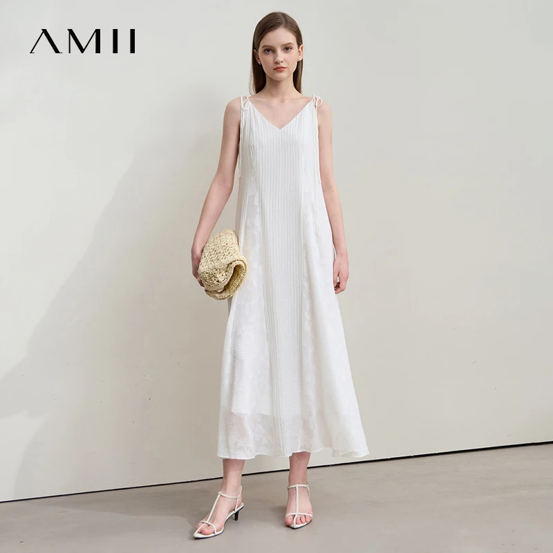 Amii بساطتها عطلة فستان بيج 2025 صيف جديد إمرأة مكتب سيدة قطع الأزهار ألف خط بلا أكمام التعادل عادية الجنية 12542190