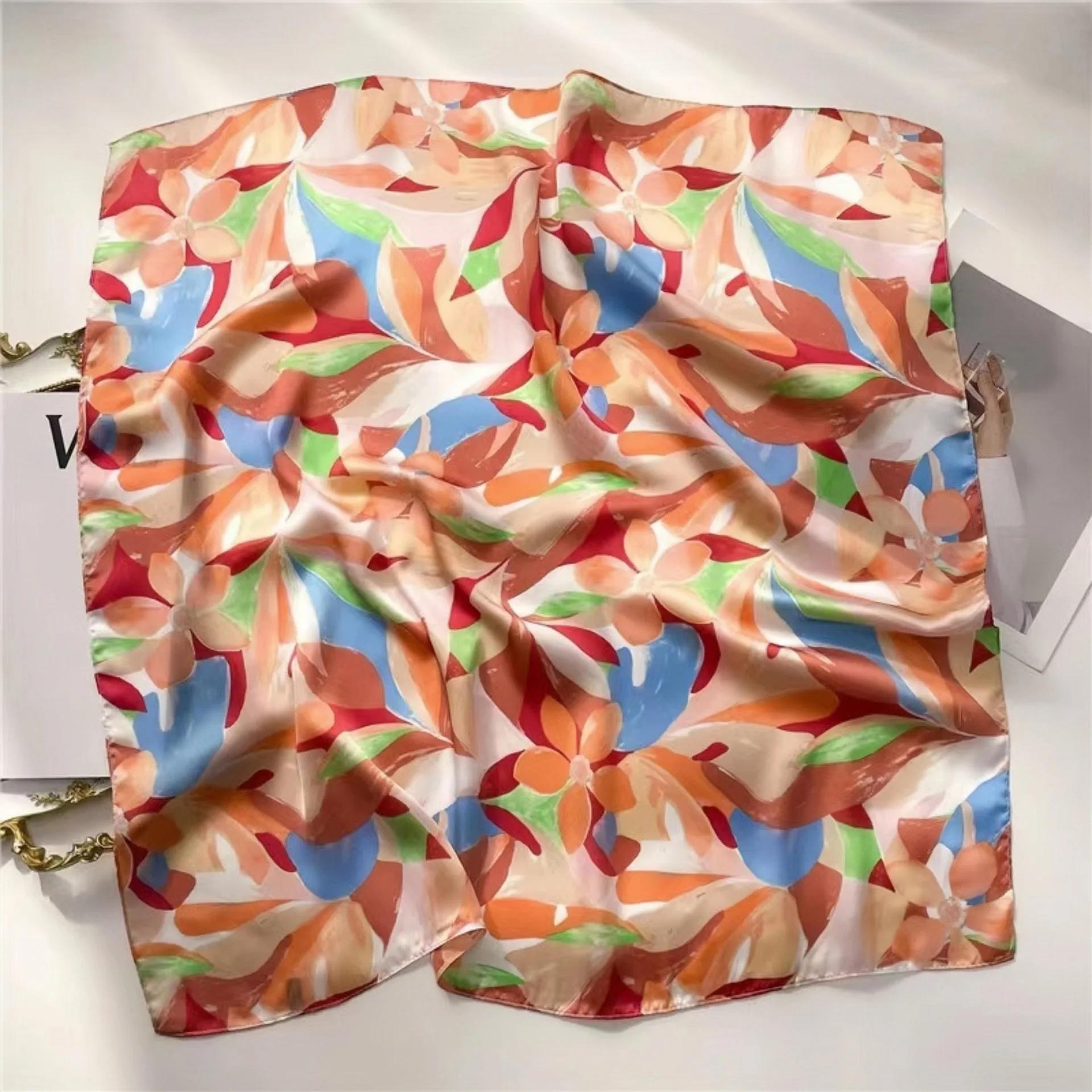 Spring/Summer Colorful Graffiti Bandana Flower Leaf 70*70cm Square Scarf Women New Soft Satin Travel Sunscreen Shawl