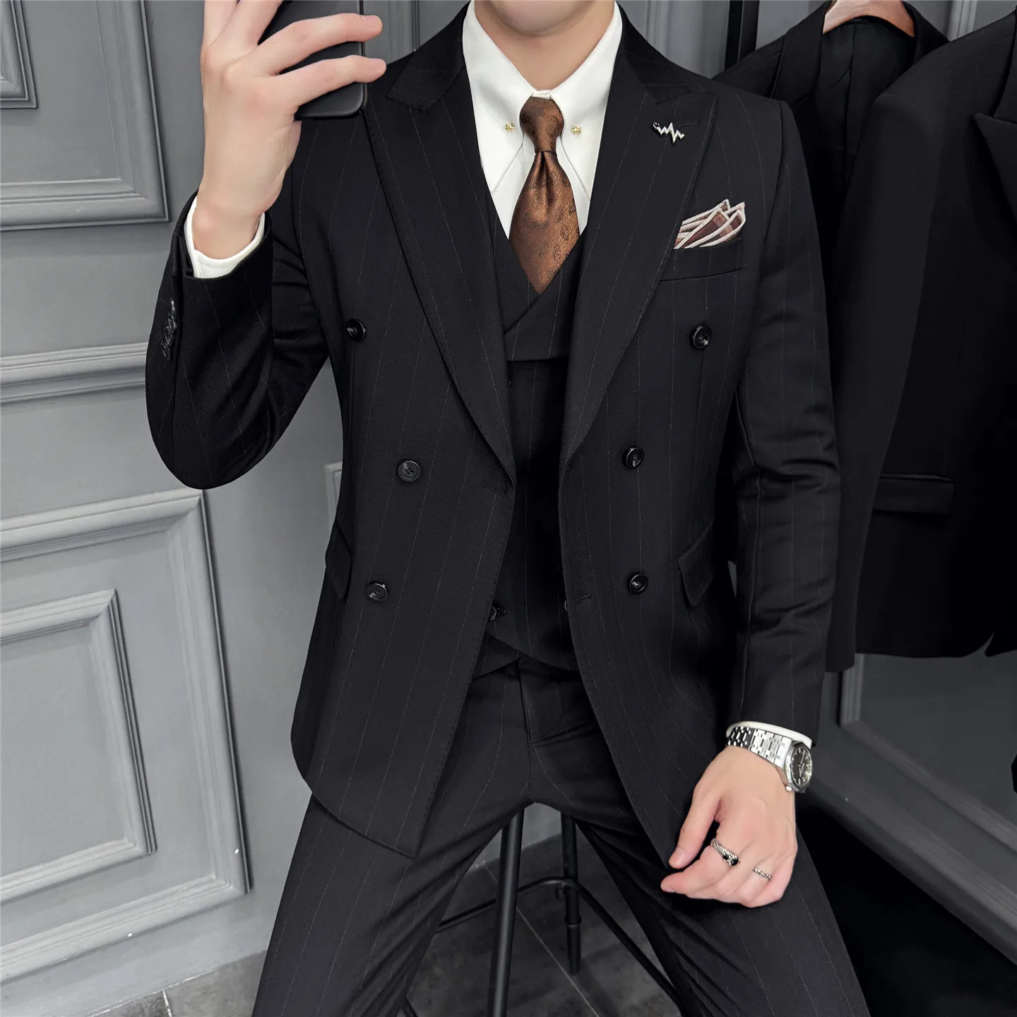 Wedding suit High end business men three piece suit  wool wedding banquet formal suit jacket vest pants luxury fashion