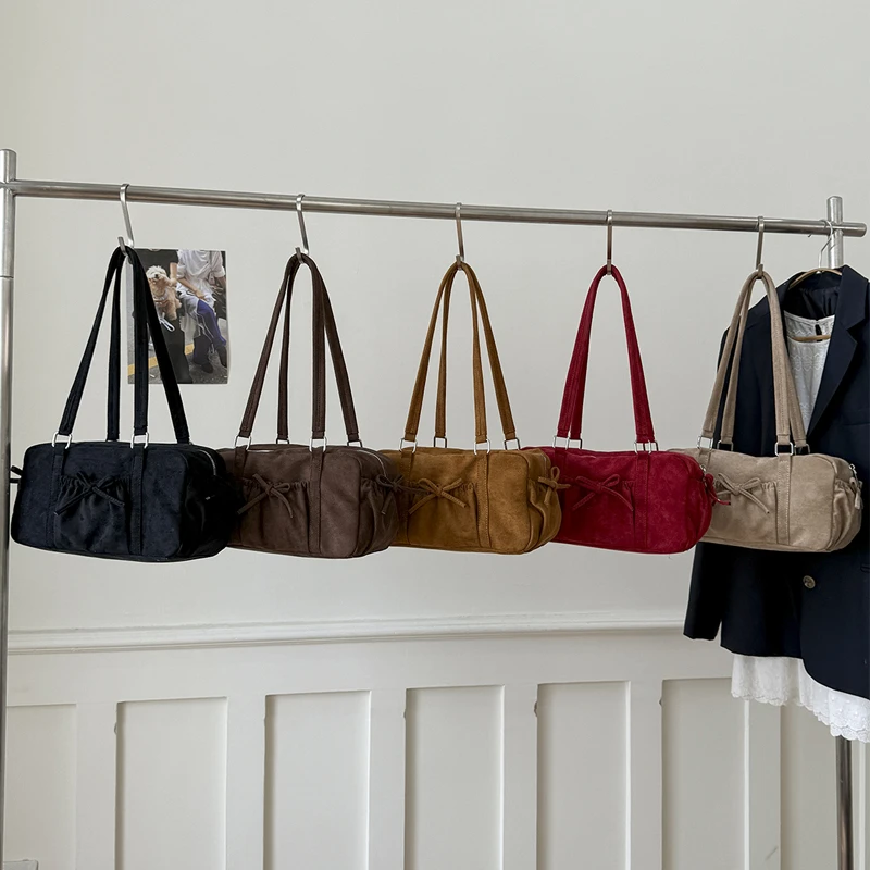 

Versatile Chic Vintage Shoulder Bag for Women, Soft Faux Suede with Adorable Bow Detail, Large Capacity for Travel & Commute