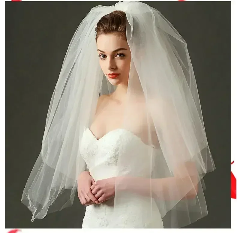 Factory Direct Sale Two Layer Fluffy White Mesh Polyester Material Bridal Wedding Veil