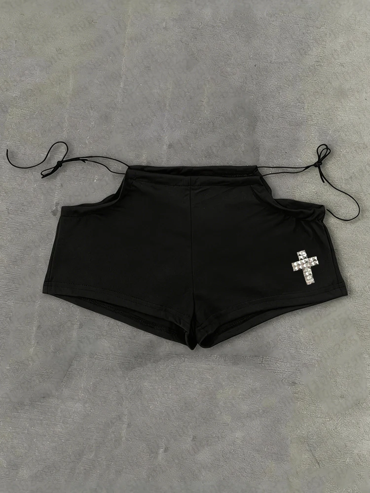 Y2k hollow lace up low waist elastic mini willow nail design shorts sexy women's retro fashion summer party outfit spicy girl