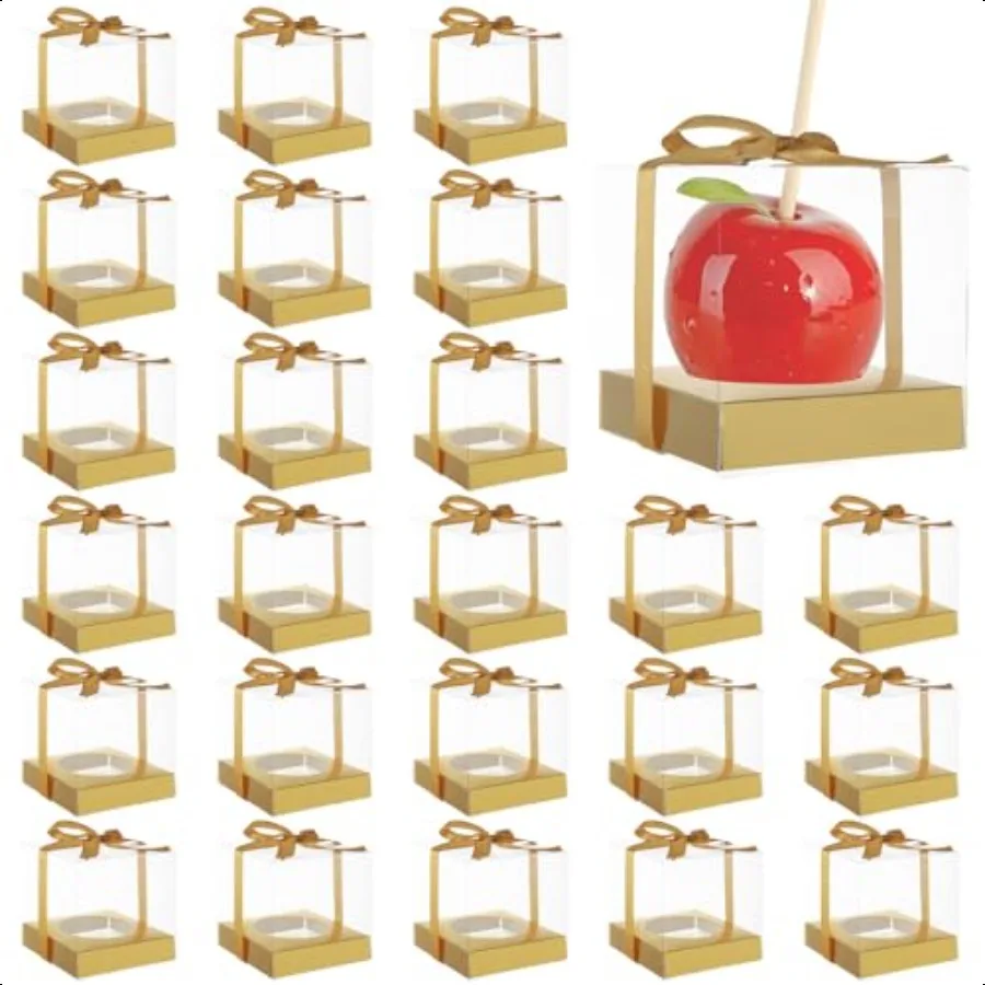 75PCS Candy Apple Boxes with Hole 4x4x4 Inches Clear Caramel Apples Boxes Clear PET Gift Boxes for Wedding Baby Shower Birthday
