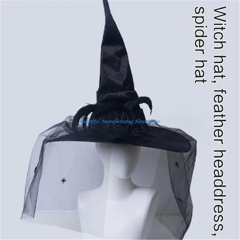 

E56A Masquerades Ribbon Wizard Hats Carnivals Witch Hats with Spiders Adult Kids Witch Hats for Halloween Birthday Party